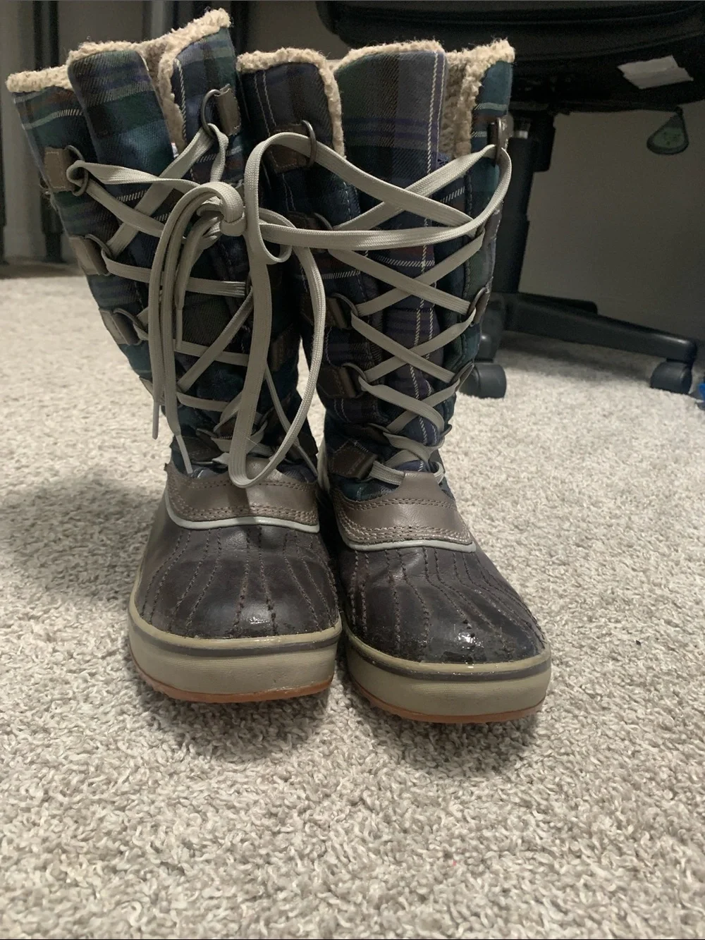 Sorel Tivoli Blue Plaid Tall Lace-Up Rain & Snow Boots